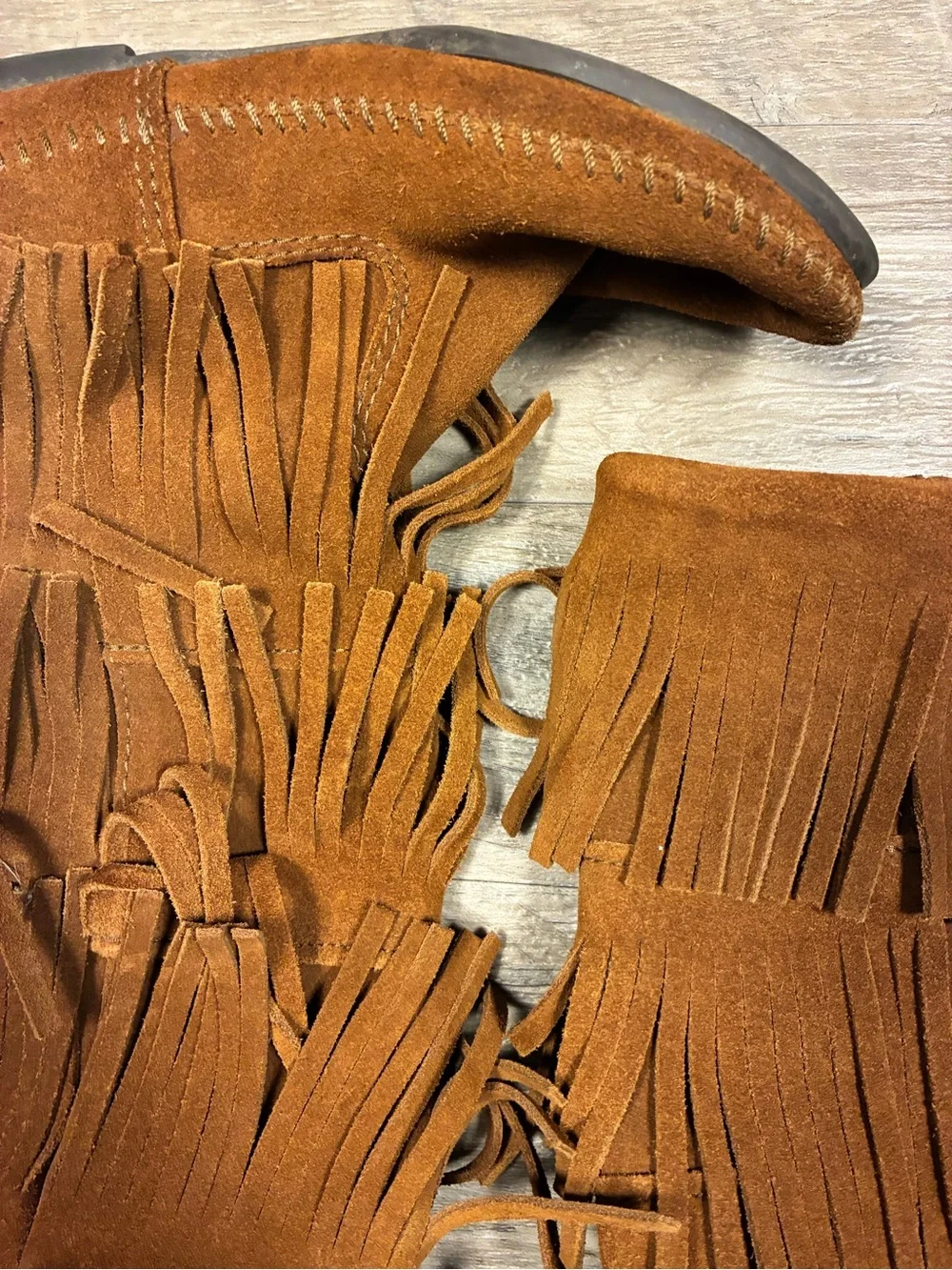 Minnetonka Three Fringe Suede Moccasin Pull On Western Boots Mid Calf